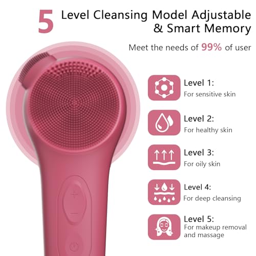 ADINC Silicone Face Scrubber, Waterproof Rechargeable Facial Cleansing Brush, 5 Cleansing Modes with Nose Brush for Women & Men Electric Facial Tool for Deep Cleaning Exfoliating, Massaging Berry