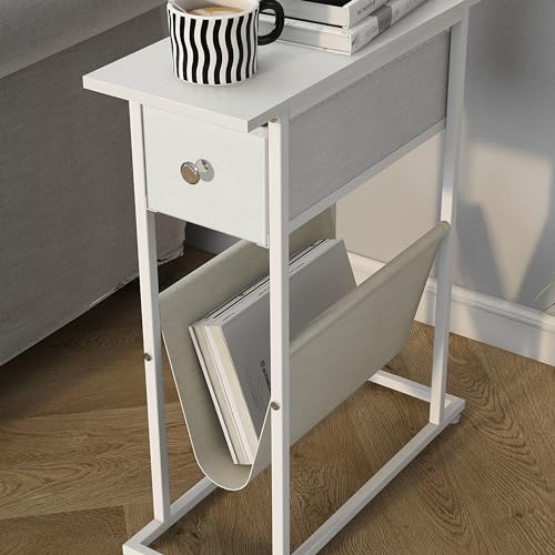 Image of EXOTICA Narrow Side Table for Small Spaces Slim White End Table with Magazine Holder Nightstand with Charging Station and Fabric Drawer 2 in 1 Design Sofa Side Table for Living Room Bedroom