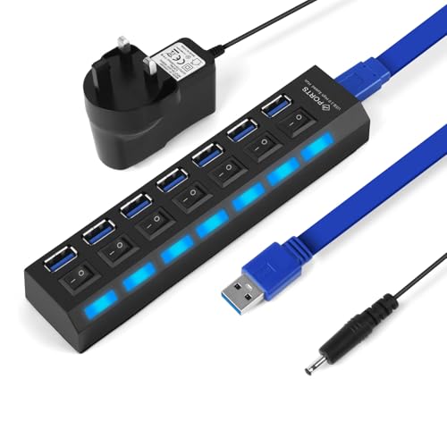 OFFCUP USB-Hub, 7 Anschl&uuml;sse, schneller USB-Daten-Hub, 52 cm Kabel, USB-Adapter-Verl&auml;ngerungs-Splitter mit individuellen Schaltern und Lichtern f&uuml;r Laptops, PCs, MacBooks und andere (1 x USB 3.0 + 6 x