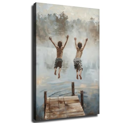 Boys Jumping Lake Wall Art, Vintage Summer Lake Memories Landscape