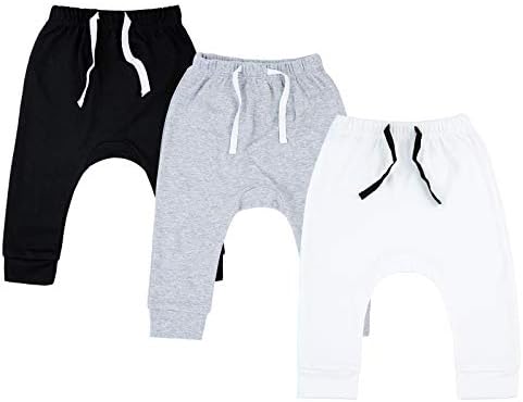 SOBOWO Newborn Baby Boy Girl 3-Pack Joggers Infant Baby Cotton Harem Pants for Toddler Boys Girls Interlock 195 GSM (0-3 Months, Black/White/Grey)