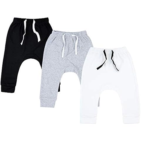 SOBOWO 0-3 Month Boy Pants Newborn Baby Boy 3-Pack Joggers Infant Baby Cotton Harem Pants for Toddler Boys Girls Interlock 195 GSM (0-3 Months, Black/White/Grey) Cover