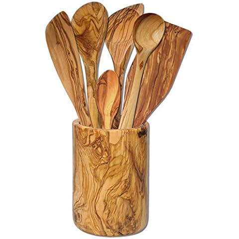 Elegant Decorative Utensil Pot with 6 Wooden Spoons/Spatulas - Olive Wood Cover