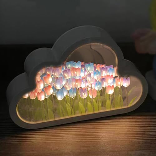 Image of LOGAZOO (20 Flower) Tulip Lamp Night Light with Mirror, Assembled Artificial Flower Lamp Table Light Bedroom Decoration Gift for Women Girlfriend Sisters Desk Table Decor, Cloud Design (Multicolor)