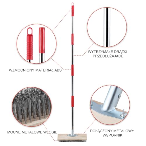 Mitclear Wytrzymała Szczotka Druciana z Teleskopową Rączką (145cm), Sztywna Szczotka do Szorowania Pokładu z Metalowym Włosiem do Usuwania Chwastów, Mchu i Glonów na Patio
