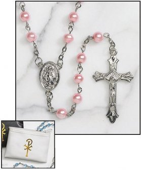 Catholic Rosary with White Zipper Case Pink Bead