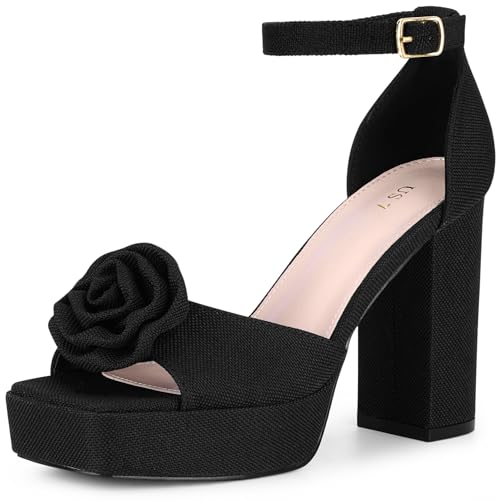 Allegra K Allegra K Women's Platform Flower Heels Square Toe Chunky Heel Black Sandals 9 M US