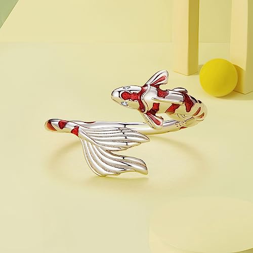 Qings Koi Fisch Verstellbarer Ring für Damen 925 Sterling Silber Niedliches Roter Karpfen Goldfisch Offener Emaille Tier Ringe Glücklich Geburtstag Weihnachten Schmuck Geschenke für Mädchen Männer