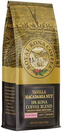 ROYAL KONA COFFEE FOR ROYALTY Royal Kona 10% Hawaiian Kona Coffee Blend, Vanilla & Macadamia Flavor, Light Roasted, Ground - 8 Ounce Bag