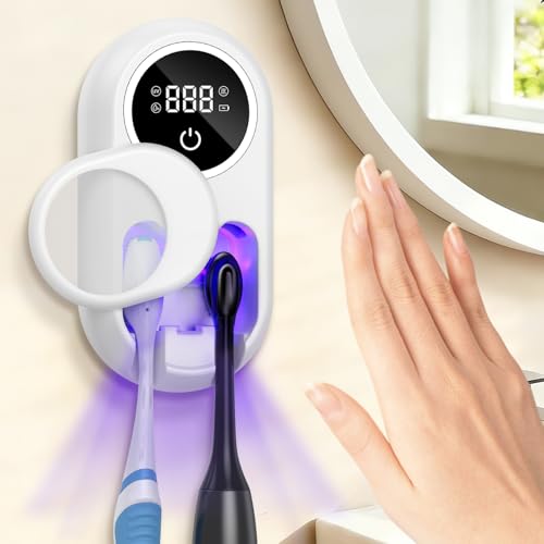 UV Toothbrush Sanitizer, Wall Mounted Toothbrush Holder Cleaner with Sterilization & Drying Function, LED Smart Display, Auto-Sensing Cover, Rechargeable Toothbrush Holder for Home & Travel