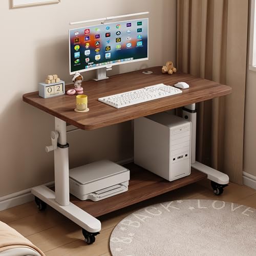 MDDKOP 昇降式 PCデスク 高さ調整 65〜90cm 幅80/90/100cm 奥行60cm 車輪付き 木製 テレワーク 昇降 手動 二重層設計 安定した構造 パソコンデスク ゲーミングデスク コンパクト 省スペース 組立簡単(Brown+White