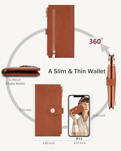 Image of Brown Women's Slim Wallet,Thin RFID Card Holder with Zipper Pocket | 12 Slot Wallet Organizer, Large Capacity, Vegan Leather, Coin Purse, Cash Compartment, Travel Wallet, Women Gift
