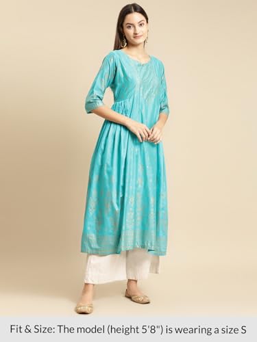 Image of rangita Turquoise Viscose Calf Length Printed Anarkali Kurti for Women | Kurta for Women