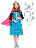 YOSICIL Fille Robe Princess Manches Longues Cape Rose Cosplay Carnaval Girl Dress Belle Enfant Skirt Bleu Frozon Cérémonie Bal Costumé Soirée avec Bague Collier Boucle d'oreille