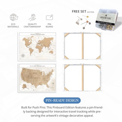 Image of IPIC - Vintage World Map & USA Map Canvas Wall Art Set of 2, Travel Wall Decor with Pins Included, Ready to Hang for Office or Living Room, 40x30 Inch