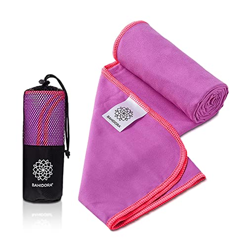 Bahidora® Serviette en microfibre en 16 couleurs, serviette de voyage à séchage rapide avec poche et boucle de suspension, serviette d'extérieur ultralégère et compacte (M 60x120 cm, violet/rose fluo) Cover