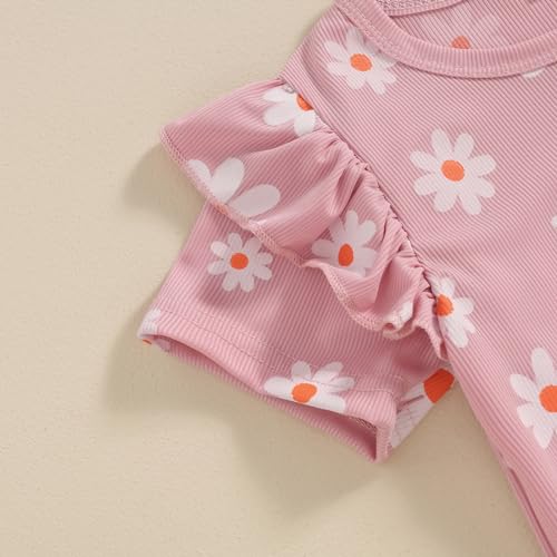 Fernvia Toddler Baby Girl Summer Clothes Set Ruffle Knit Ribbed Short Sleeves T-Shirts Tops Pants 2Pcs Outfits 0-5T (C- V Pink, 4-5 Years)
