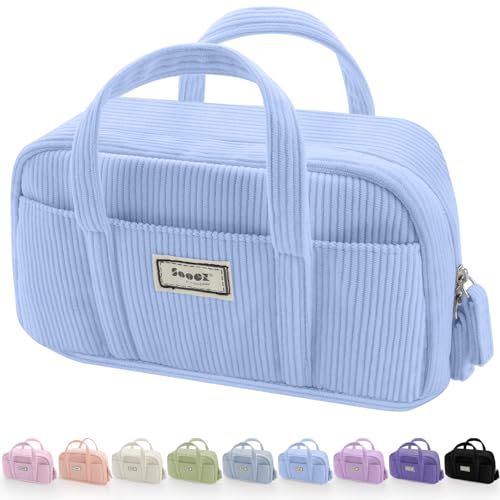 Image of Sooez Large Pencil Case Pouch, Extra Big Pencil Bag with 5 Compartments, Pen Bag Wide Opening, Soft Corduroy Pencil Pouch Organizer with Zipper, Cute Aesthetic School Supplies for Girls-Light Blue