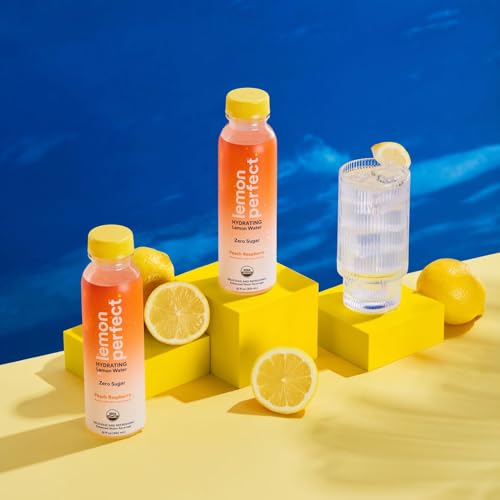 Lemon Perfect, Hydrating Organic Lemon Water, Zero Sugar, Flavored Water, Squeezed from Real Fruit, Plastic Neutral, No Artificial Ingredients, Peach Raspberry (12oz Bottles) 12pk
