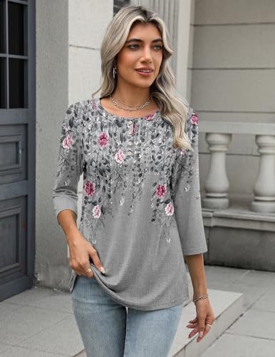 Zeagoo Koszulka damska z rękawami 3/4, okrągły dekolt, lekka górna część, basic, casualowa, na lato, luźna bluzka z długim rękawem, S-XXL, Kwiatowo-szary, S