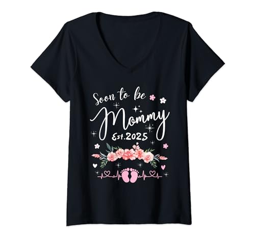 Mujer Soon To Be Mommy Est 2025 Floral Pregnancy Announcement Mom Camiseta Cuello V