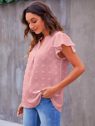 Satohom Women's Casual T Shirt Chiffon Blouse, Ladies V Neck Ruffle Short Sleeve Shirts with Dot Summer Tops, Elegant Tunic Solid Blouse Lightweight Loose Fit T-Shirts for Women UK, S –L Pink - Image 3