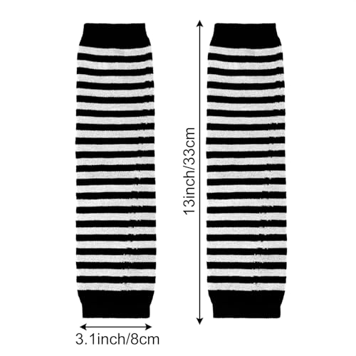 Tongcloud 1 Pair Womens Girls Punk Gothic Striped Knee High Socks Long Knitted Arm Warmers Fingerless Gloves for Halloween Costume (White and Black, 14inches)