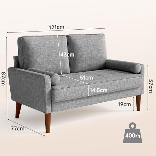 Vesgantti Linen 2 Seater Sofa with Spring Cushion, Light Grey, Comfy Couch with Armrests, Perfect for Living Room or Bedroom, Modern Love Seat - Image 2