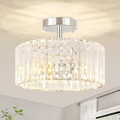 TOULMJ 3-Light Crystal Semi Flush Mount Ceiling Light, Modern Chrome Crystal Round Close to Ceiling Light Fixture for Bedroom Kitchen Island Hallway Foyer Entryway, Chrome Finish