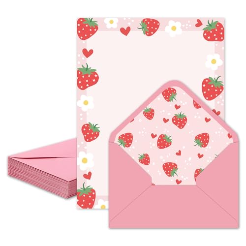 Whaline 60 Strawberry Stationery Paper Set Red Pink Strawberry Flower Letter Writing Paper with Envelopes for Birthday Baby Shower Invitation Office Printing, 8.5 x 11 Inch