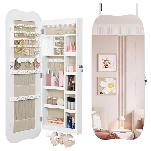Hzuaneri Armoire à Bijoux avec Miroir Long, Miroir Mural avec LED et Serrure, Grande Capacité, à Suspendre à la Porte ou à Fixer au Mur Surface Blanche et Doublure...
