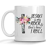 Jesus is My Rock, that's how I Roll Watercolor Art Mug 11 oz. Coffee Cup Floral Cross Gift for Her