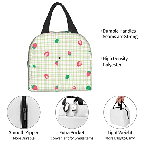 Pubnico 75BOX-PLAID-467459137 Cute Strawberry Green Plaid Lunch Box Bento Box Insulated Lunch Boxes Reusable Waterproof Lunch Bag thumb #6