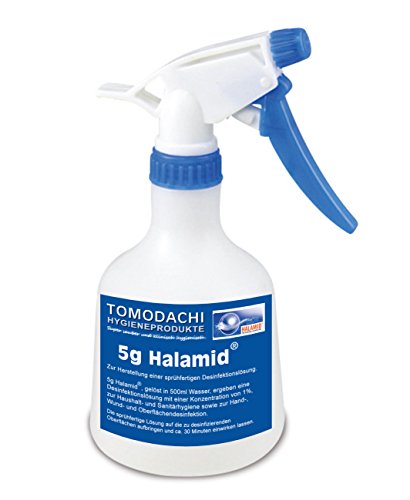 Halamid Pferd, Stalldesinfektion, Haut, Wunde, Huf. Tötet Keime, Bakterien, Pilze. 5g 1% sprühfertige 500ml Desinfektionslösung. Mit Leitungswasser auffüllen, vor Gebrauch schütteln.