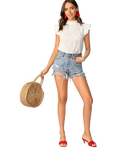 Romwe Women's Sleeveless Ruffle Stand Collar Embroidery Button Slim Blouse Top White Xl #TOP4