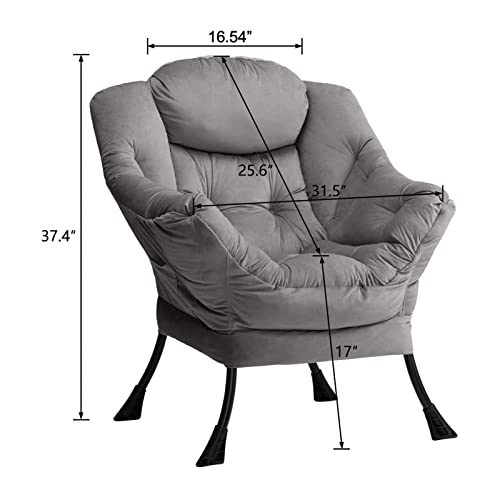 Acozyhom Modern Large Cotton Fabric Lazy Chair，Accent Contemporary Lounge Chair, Single Steel Frame Leisure Sofa Chair With Armrests And A Side Pocket, Smoky Grey #TOP2