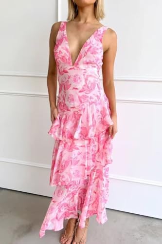 Chiffon Floral Print Brideamiad Dresses for Women 2025 V Neck Long Tiered Ruffles Evening Party Gowns KN0364