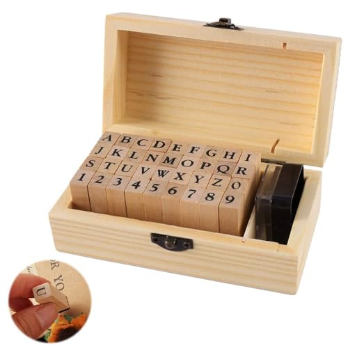 Wooden Rubber Stamps Kit,26 PCS Alphabet Stamp + 10 PCS Letter Stamp Wood Stamps for Crafts Ink Stamp Stamper Seal Set with Wooden Storage Box for Card Making Scrapbooking