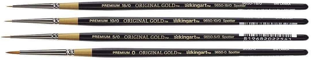 KINGART Premium 4 pc. Original Gold 9650 Series Spotter Artist Brush Set, Synthetic Golden Taklon Hair for Acrylic, Oil, Watercolor and Gouache Painting, Short Handle,4 Sizes: 18/0, 10/0, 5/0, 0
