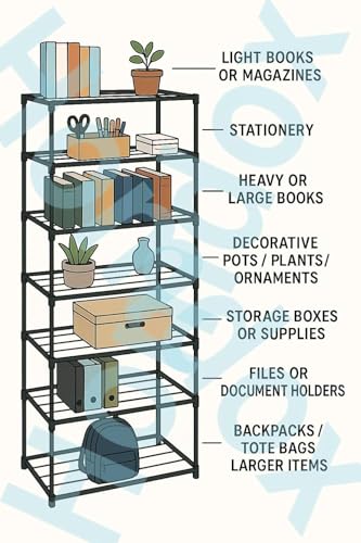 Image of Plastic Book Shelf for Home | Portable Books Rack Storage Organizer for Bedroom & Study Room | Bookshelf Stand for Students & Kids | 7 Tier Shelf, Black
