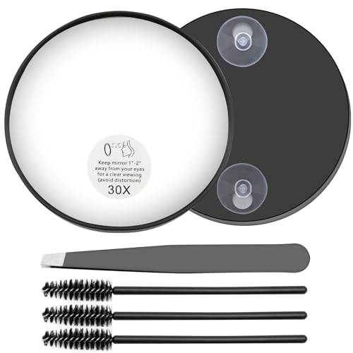 VEGCOO 30x Espejo de Aumento con Ventosa con Pinzas, con 3 Cepillos de Cejas en Espiral, Juego de Espejo Cosmético, Se Puede Llevar al Baño, Dormitorio