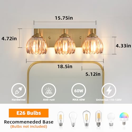 Image of Bathroom Vanity Light Fixtures, 3-Light Brushed Gold Bathroom Light Fixtures Over Mirror, Antique Wall Lights with Amber Glass Tulip Light Shade for Mirror, Kitchen, Hallway, Cabinet, Porch