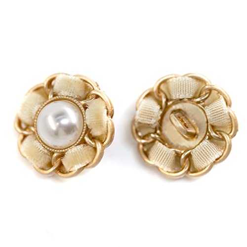 Craftisum Faux Pearl Sewing Shank Buttons Hollow Edge Beige Velvet Interweave Metal Base 20 Pcs - 18Mm, 23/32" #TOP4