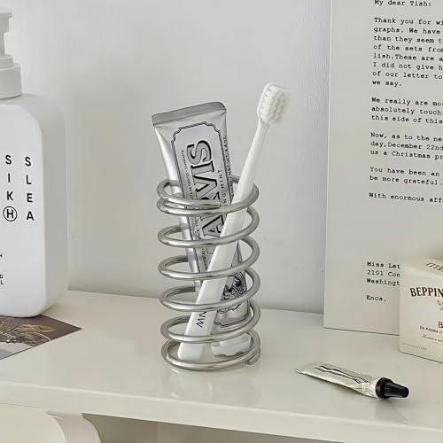 Spring Toothbrush Holder Stainless Steel Spring Shaped Desktop Toothbrush Holder Multifunctional Pen Holder Makeup Brush Toothbrush Storage for Bathroom Tabletop Dressing Table and Sink (Silvery)
