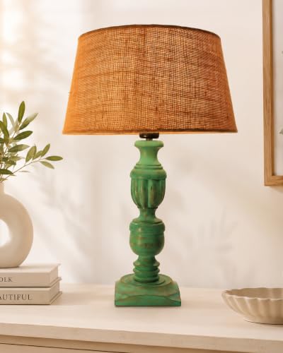 Image of Homesake Handcrafted Wooden Table Lamp for Living Room & Bedroom | Bedside Rustic Algae French Table Lamp with Fabric Jute Shade | Included Bulb | Decorative Wooden Night Lamp for Home Decor, Beige