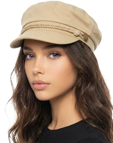 Funky Junque Cotton Newsboy Hat for Women Trendy Greek Fisherman Cap Classic Baker Boy Newsies Hats Stylish Lightweight Ladies Cap - Khaki