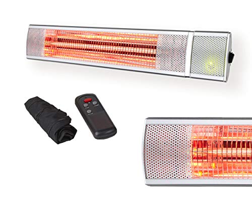 KIASA - 2000W Electric Gold Infrared Outdoor Garden Patio Heater, IR Wall or Ceiling Mount - IP55 Bathroom Heater Bar - Remote Control – (Free Cover Included) - 3 Heat Settings