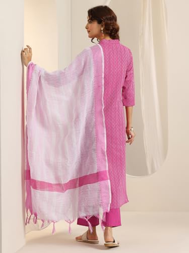 Image of Libas Woven Design Cotton Blend Straight Kurta With Trouser and Dupatta