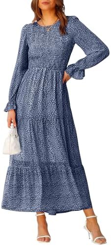 BTFBM Women Casual Long Sleeve Crew Neck Fall Dress Bohemian Relaxed Fit Floral Flowy Maxi Dresses Tiered Cocktail Dress