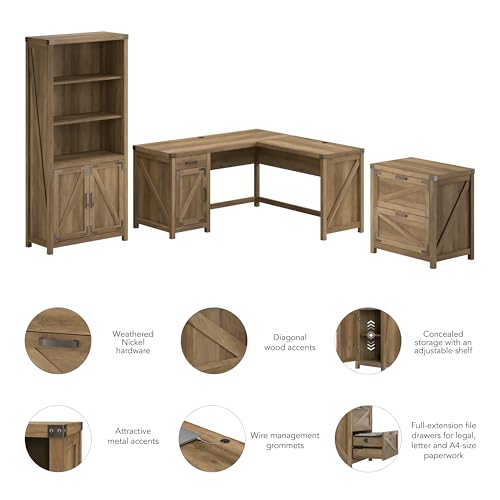 Bush Furniture Knoxville 60W L Shaped Desk with Lateral File Cabinet and 5 Shelf Bookcase in Reclaimed Pine, Corner Computer Table and Storage Set for Home Office
